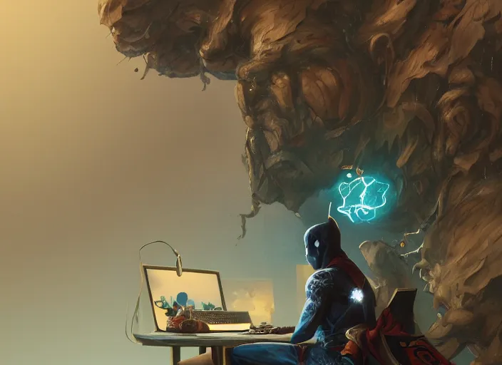 Image similar to an insanely detailed painting of an asian man wearing a homemade superhero costume, sitting at a desk, staring seriously at the computer and typing, in the style of peter mohrbacher, james jean, dramatic lighting and composition, surreal background, octane render, pixar, trending on artstation, concept art, comic book, view from behind, 8 k