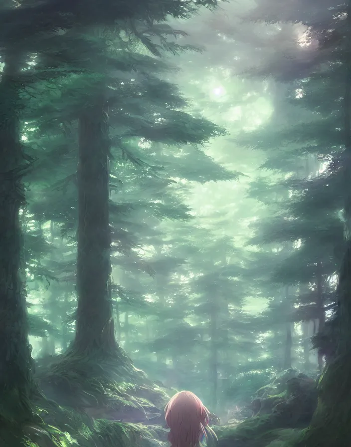 Image similar to magical mystical forest, environment concept art, ethereal anime, high detail Impressionist style, dreamy light color palette, style of studio ghibli and moebius, concept art stunning atmosphere, trending on artstation, volumetric light