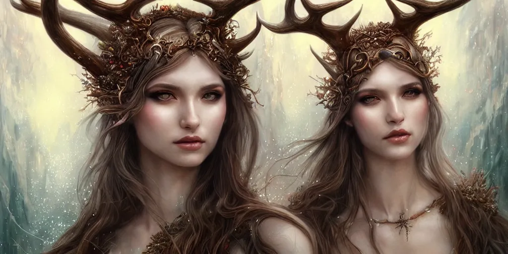 Image similar to a portrait of a female elf sorceress with antlers bathing in a lake by karol bak and jia ruan, beautiful detailed eyes, cute, fantasy, intricate, elegant, highly detailed, digital painting, 4 k, hdr, concept art, detailed jewelry, smooth, sharp focus, illustration, art by artgerm