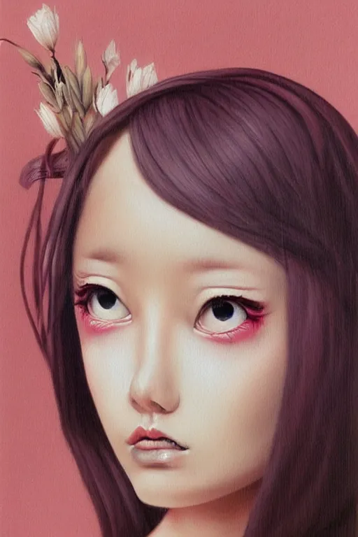 Image similar to pop surrealism, lowbrowart, realistic cute girl painting, hyper realism, japanese street fashion, muted colors