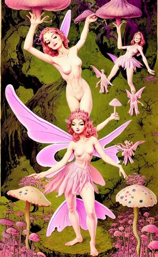 Image similar to fairies with detailed faces and true anatomy wearing pink clothes, enchanted forest, mushrooms on the ground, psychedelic, wide angle shot, white background, vector art, illustration by frank frazetta