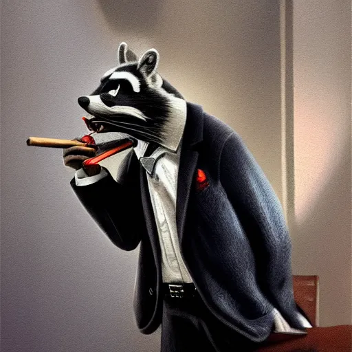 Image similar to a racoon wearing a suit smoking a cigar on his mouth, dramatic lighting, cinematic, establishing shot, extremly high detail, photorealistic, cinematic lighting, artstation, style by James Gurney