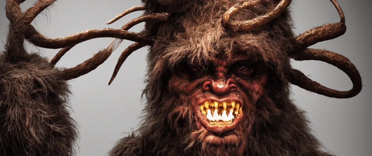 Prompt: hyperrealist highly detailed neo-baroque portrait of krampus hay monster concept art pascal blanche dramatic studio lighting 8k wide angle shallow depth of field