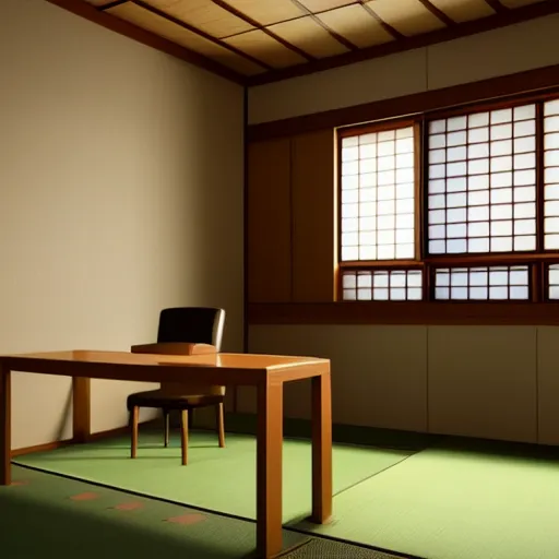 Image similar to still photo of a japanese study room, highly detailed, photorealistic portrait, bright studio setting, studio lighting, crisp quality and light reflections, unreal engine 5 quality render