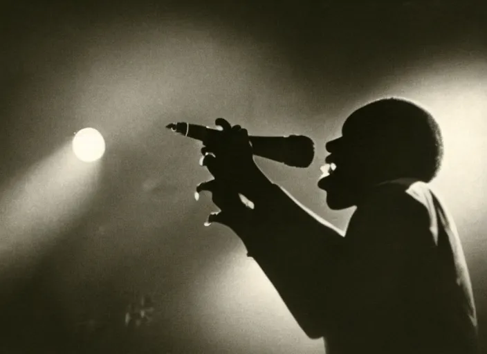Image similar to a photograph of a black jazz singer, 1 9 3 0 s jazz club, smokey room, medium low angle, spotlight on singer
