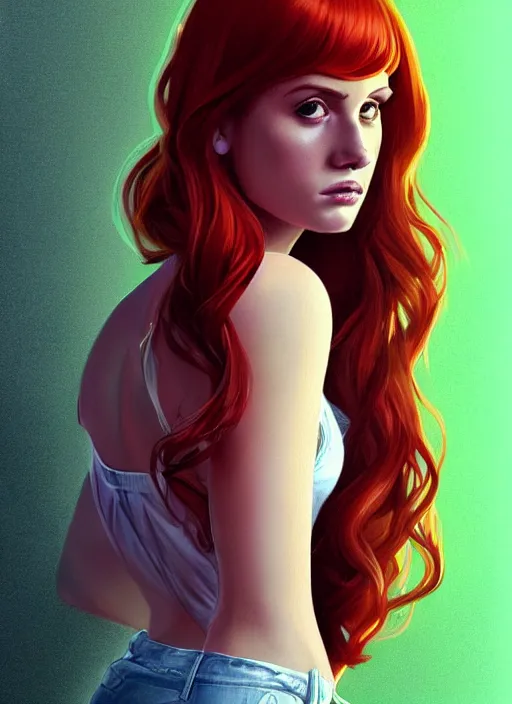 Image similar to full body portrait of teenage cheryl blossom, bangs, green eyes, mischievous expression, red hair, sultry smirk, bangs and wavy hair, intricate, elegant, glowing lights, highly detailed, digital painting, artstation, concept art, smooth, sharp focus, illustration, art by wlop, mars ravelo and greg rutkowski