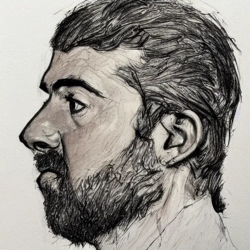 Prompt: a realistic yet scraggly portrait sketch of the side profile of a stern and sophisticated george michael, trending on artstation, intricate details, in the style of frank auerbach, in the style of sergio aragones, in the style of martin ansin, in the style of david aja, in the style of mattias adolfsson