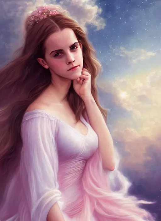 Image similar to emma watson as nature magic celestial turned away, long hair, soft pink and white transparent cloth, space, D&D, shiny background, intricate, elegant, highly detailed, digital painting, artstation, concept art, smooth, sharp focus, illustration, artgerm, bouguereau