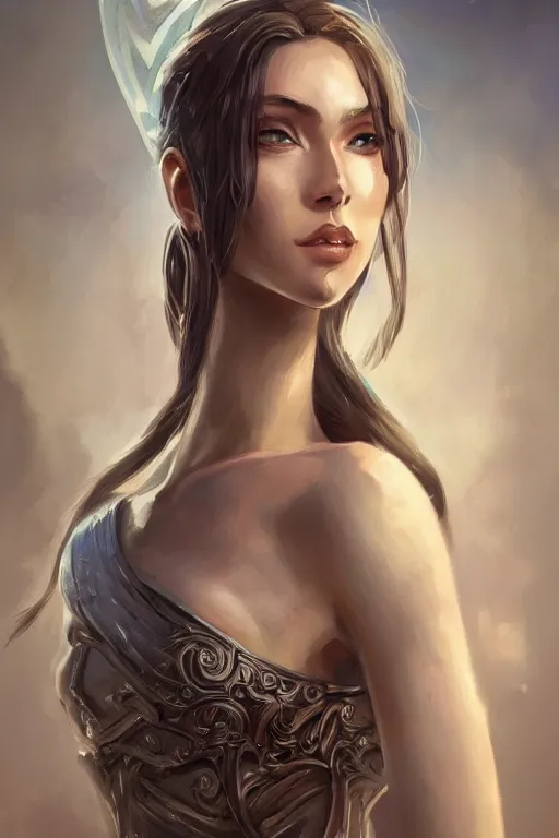 Image similar to three-quarters portrait pose of a beautiful woman, slim body, shining armor, human warrior, fantasy, intricate, elegant, highly detailed, digital painting, artstation, concept art, matte, sharp focus,D&D, illustration, art by Stanley Lau