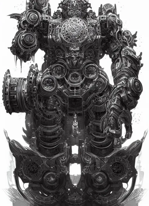 Prompt: god of the machines, burly, ornamental, gears, empire, high fantasy, highly detailed, magitek, sharp focus, smooth, digital illustration, by rossdraws, artgerm, franzzeta, chiaroscuro, colorized