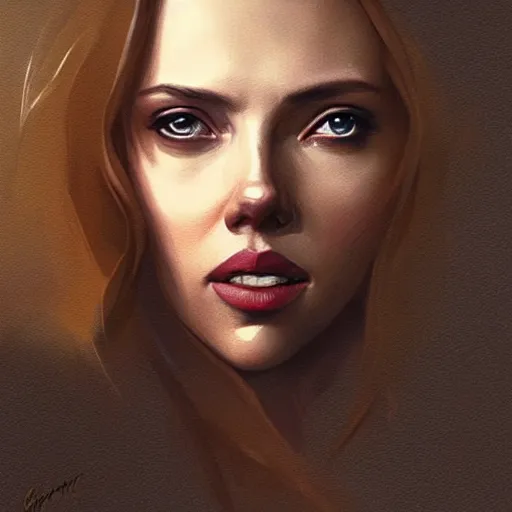 Image similar to “ portrait of scarlett johansson by greg rutkowski, young, attractive, highly detailed portrait, scifi, digital painting, artstation, concept art, smooth, sharp foccus ilustration, artstation hq ”