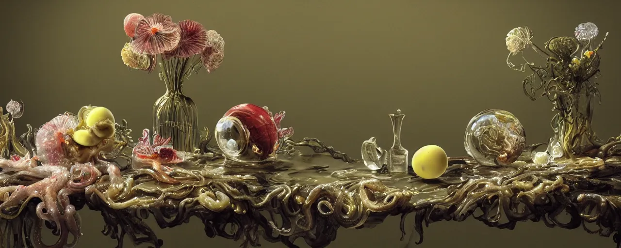 Image similar to ultradetailed photorealistic still life with jelly flowers by ernst haeckel, caravaggio, roger dean and andrei tarkovsky, slime and tentacles, wide angle, minimalistic cinematic composition, octane render, bokeh, unreal engine, 4k, 3d render