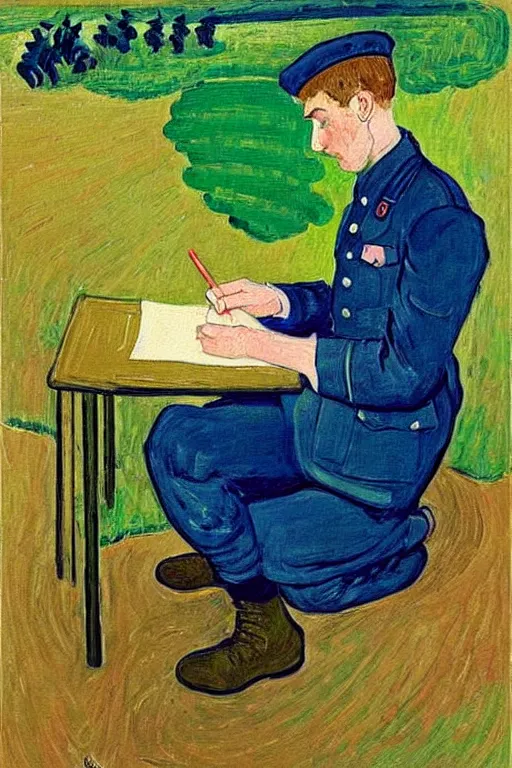 Image similar to a beautiful painting of a soldier writing a letter to home, in the trench, wwii, cuno amiet