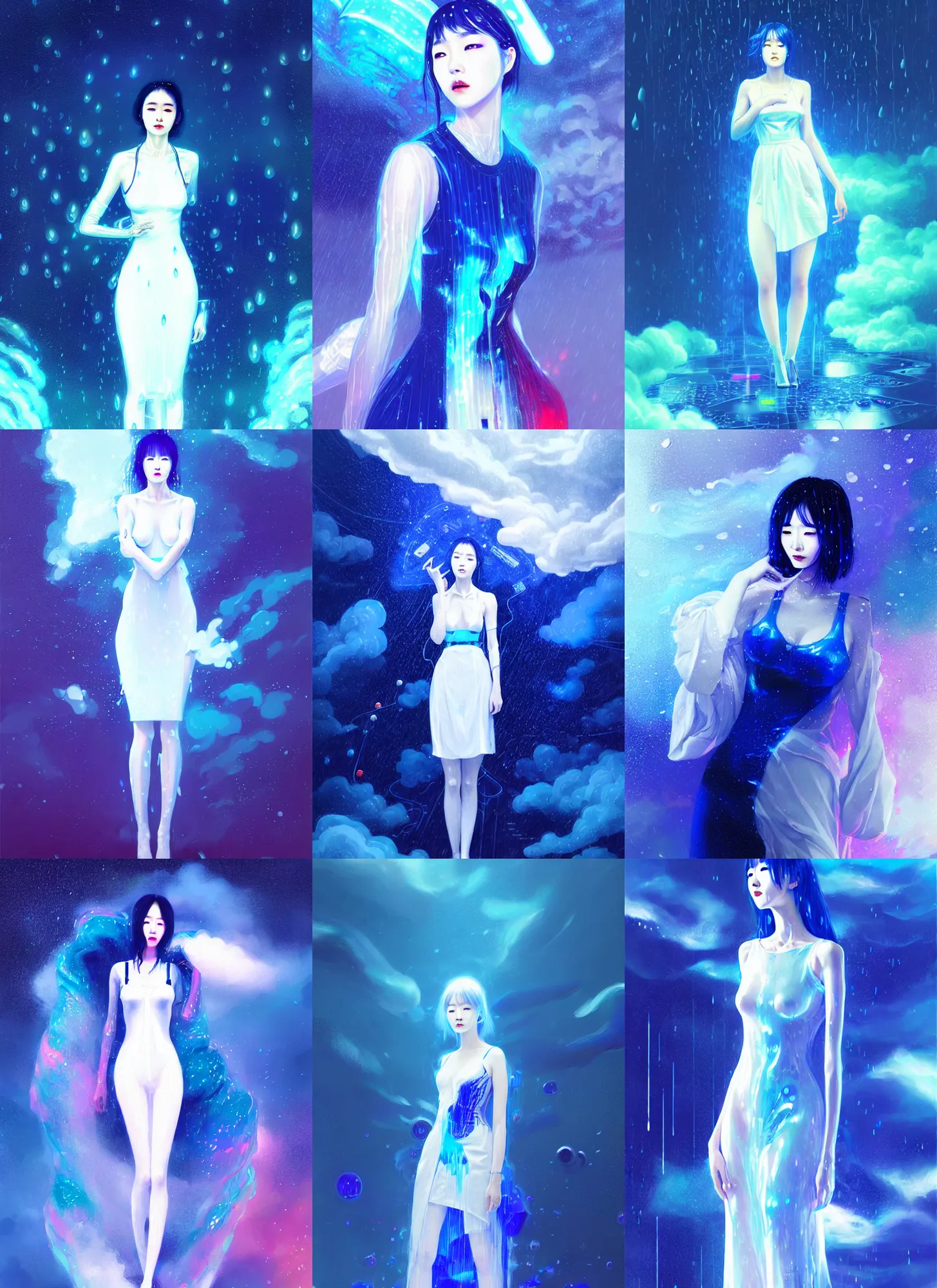 Prompt: hoyeon jung in a white and royal blue luxurious cyberpunk dress submerged in rgb rain falling from cosmic clouds in interstellar deep space atmosphere, cinematic, ultra detailed, majestic, seductive, by wlop, android james, ruan jia, martine johanna
