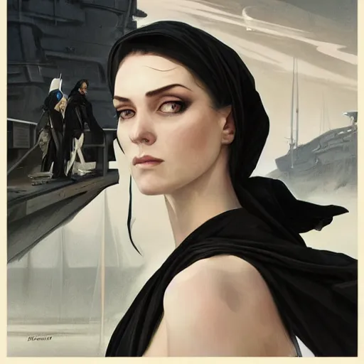 Prompt: rogue in black robes standing on a shipdeck, thin man, pale white skin, fantasy, D&D, portrait, piercing stare, highly detailed, digital painting, HD, artstation, concept art, matte, sharp focus, illustration, art by artgerm and greg rutkowski and alphonse mucha