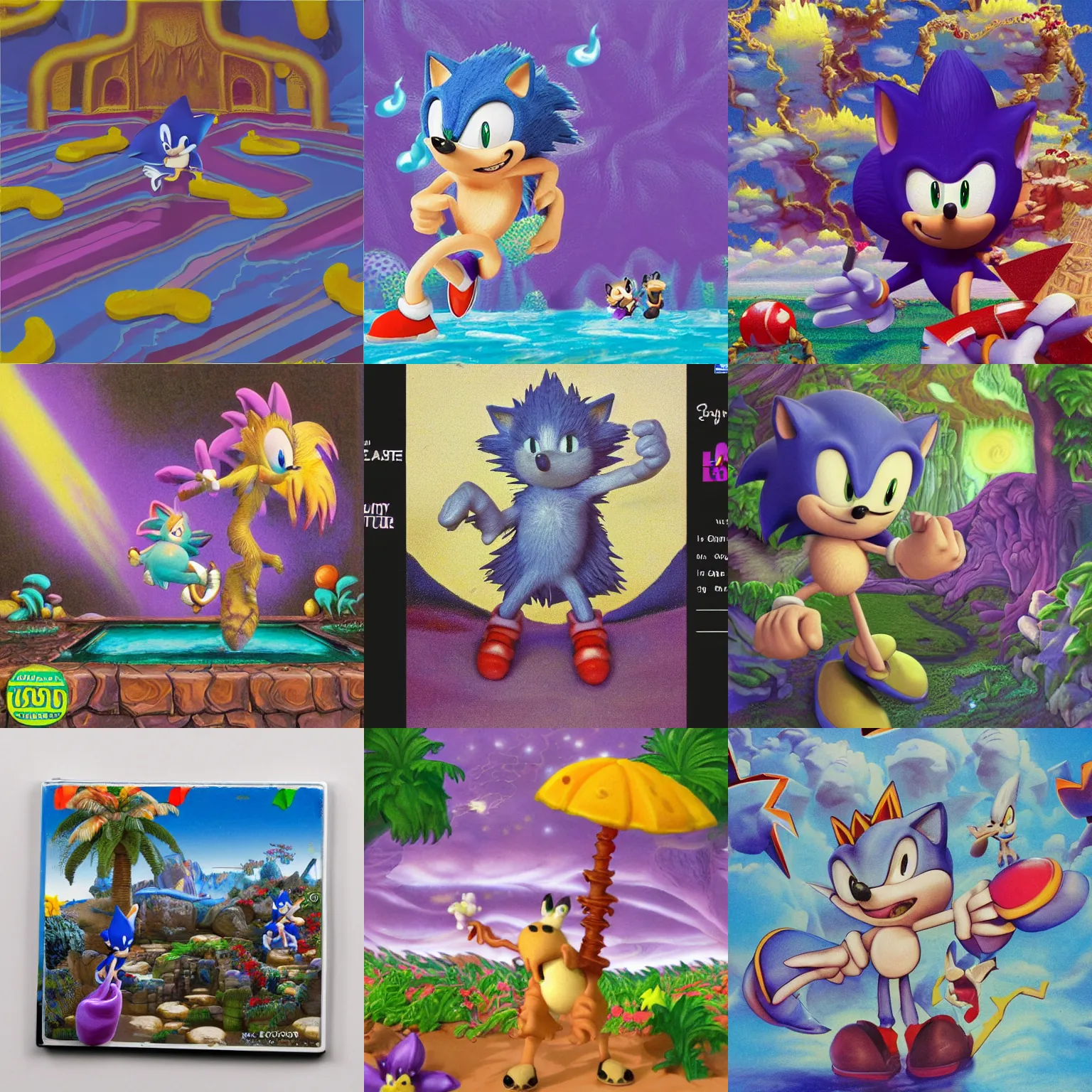 Prompt: dreaming of clay stop motion claymation portrait of sonic hedgehog and a matte painting landscape of a surreal sharp, foggy detailed professional soft pastels high quality airbrush art album cover of a liquid dissolving airbrush art lsd sonic the hedgehog swimming through cyberspace purple checkerboard background 1 9 9 0 s 1 9 9 2 sega genesis rareware video game album cover