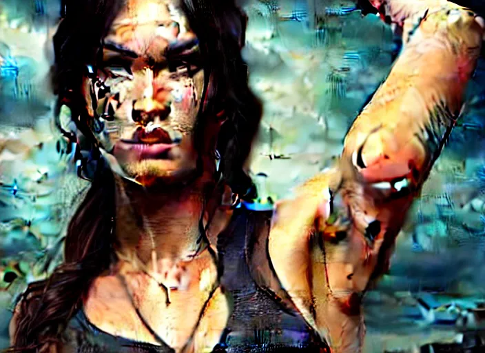 Prompt: megan fox as lara croft, full body view, magic and fantasy, highly detailed face, specular reflection, occlusion shadow, trending on artsation, bokeh, masterpiece