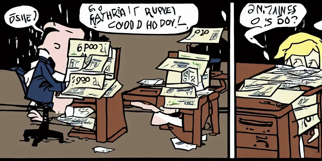 Prompt: CEO at wooden desk wiping his tears with hundred dollar bills, comic strip