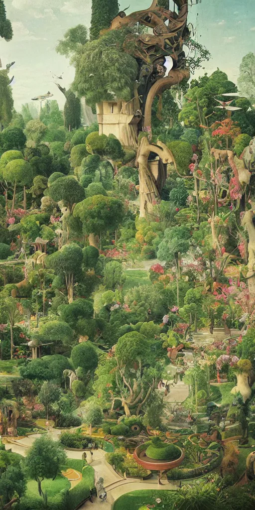 Prompt: bosch and beeple painting of a magnificent garden filled with remarkable sculptures, trees, and structures, incredible details