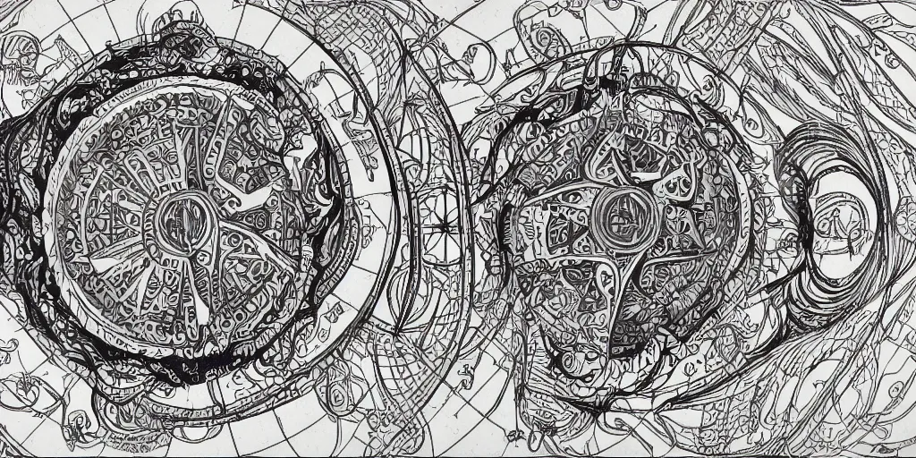 Image similar to highly detailed schematic, technical drawing, side view, infernal mandala geometrical designs, dark fantasy magick designs