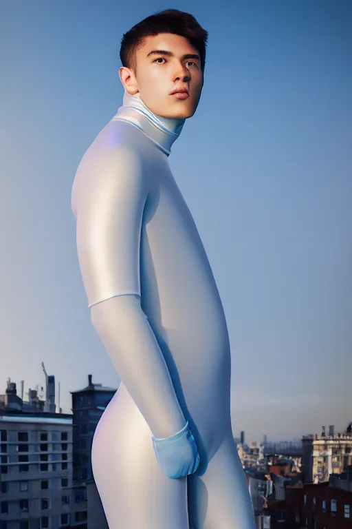 Image similar to un ultra high definition studio quality photographic art portrait of a young man standing on the rooftop of a british apartment building wearing soft baggy inflatable padded silver iridescent pearlescent clothing. three point light. extremely detailed. golden ratio, ray tracing, volumetric light, shallow depth of field. set dressed.