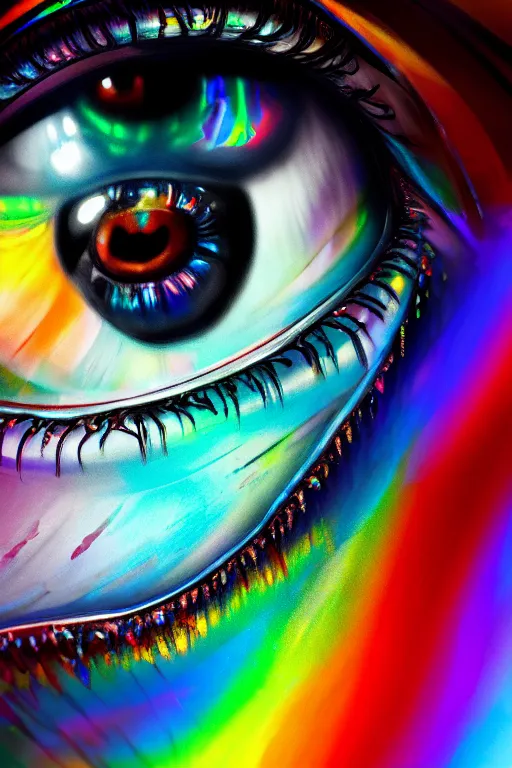Image similar to hyper detailed concept art of human eye crying multicolored iridescent paint Stanley Artgermm dramatic lighting wide angle 35mm shallow depth of field 8k