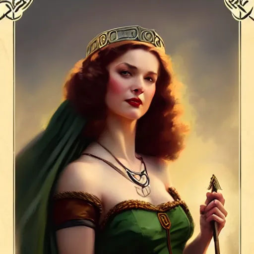 Prompt: celtic medieval queen portrait matte painting, trending on artstation, gil elvgren, greg rutkowski, magali villeneuve, artgerm, jeremy lipkin, michael garmash, celtic, brythonic