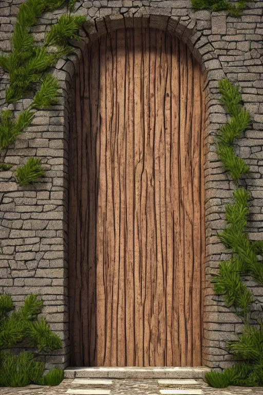 Image similar to a huge wooden door made by two slabs with live edge, rush plant ornaments bright metalllic, stone wall, photorealistic, octane render, volumetric light, high definition, ultra detailed, artstation, deviantart, cgsociety