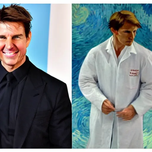 Image similar to Tom Cruise in white lab coat by Van Gogh