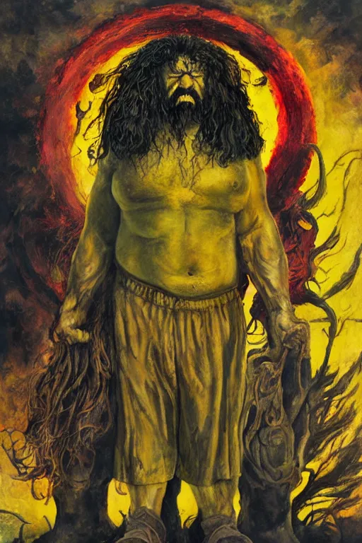 Prompt: surreal a hulking herculean hagrid in a post apocalyptic hellscape, esoteric symbolism, intense emotional power, red yellow black, palette knife oil painting by peter booth and william blake