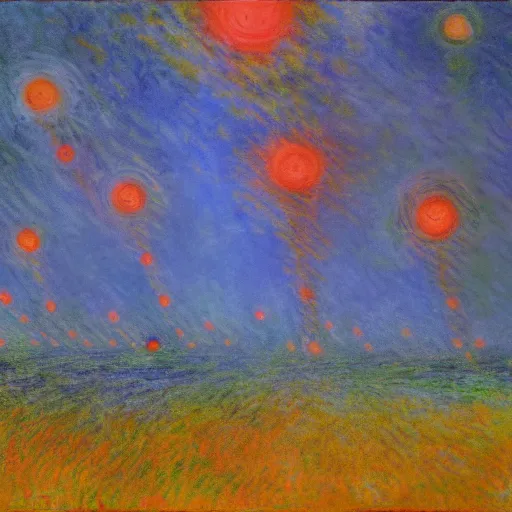 Image similar to painting of an alien invasion apocalypse in the style of Claude Monet