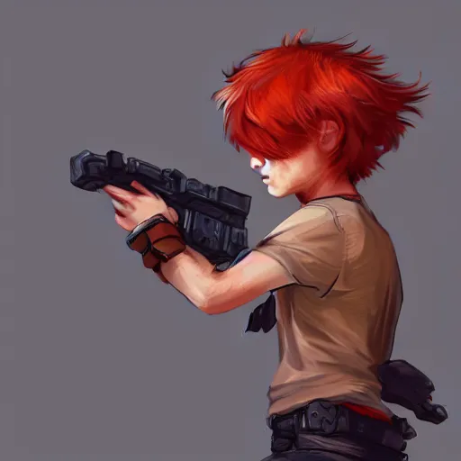 Image similar to a concept art of a boy with red hair holding a gun, highly detailed, digital painting, artstation, concept art, smooth, sharp focus, illustration