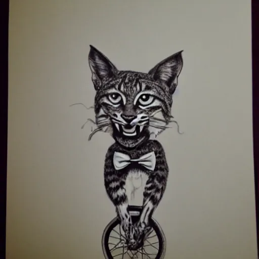 Prompt: bobcat with a bowtie riding on unicycle, pencil drawing