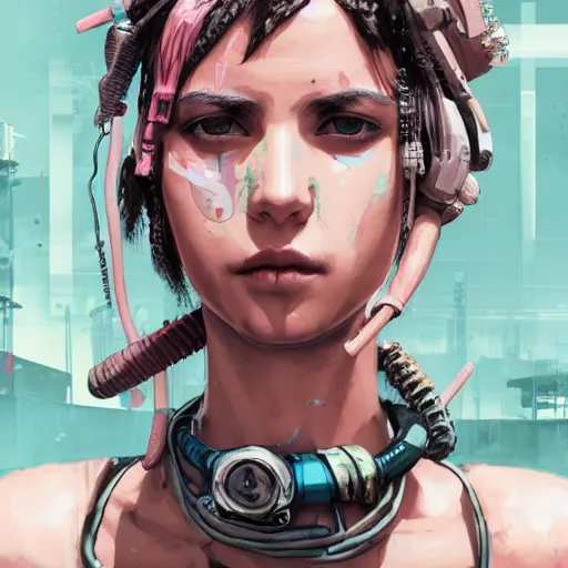 Prompt: highly detailed portrait of a post-cyberpunk south african young lady by Akihiko Yoshida, Greg Tocchini, 4k resolution, mad max inspired, pastel pink, light blue, brown, white and black color scheme with south african symbols and graffiti