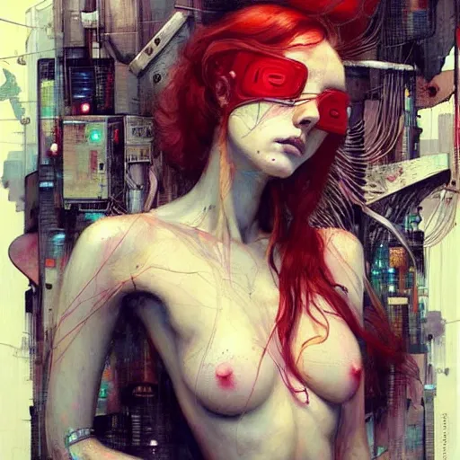 Prompt: beautiful redhead woman, cyberpunk dreams!, wires cybernetic implants!!, in the style of adrian ghenie, esao andrews, jenny saville, surrealism, dark art by james jean, takato yamamoto