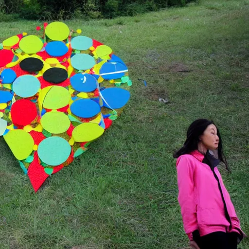 Image similar to A land art. A rip in spacetime. Did this device in her hand open a portal to another dimension or reality?! by Jacob Hashimoto somber