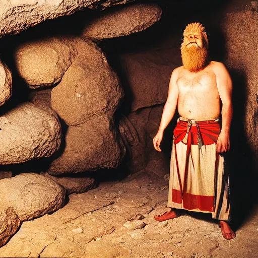 Image similar to 3 5 year old man in ancient canaanite clothing surrounded by ferocious lions. cave interior background. ektachrome photograph, volumetric lighting, f 8 aperture, cinematic eastman 5 3 8 4 film