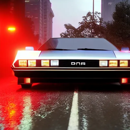 Image similar to Hyperdetailed, photorealistic photograph of a DMC 12 Delorean driving in the streets, rain, night, dense fog, HD, unreal engine 5