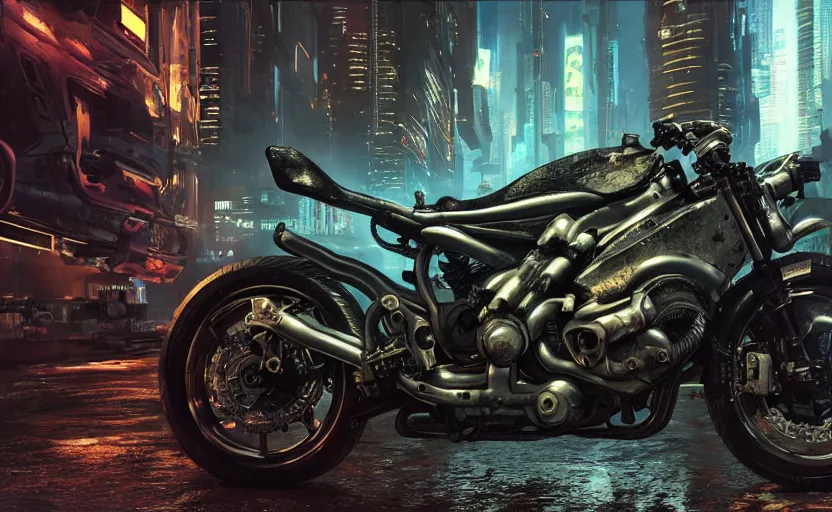 Image similar to Cyberpunk yamaha motorcycle, hyperrealistic mixed media, stunning 3d render inspired art by P. Craig Russell and Barry Windsor-Smith + perfect facial symmetry + dim volumetric lighting, 8k octane beautifully detailed render, post-processing, extremely hyperdetailed, intricate futuristic mechanic parts, epic composition, grim yet sparkling atmosphere, cinematic lighting + masterpiece, trending on artstation