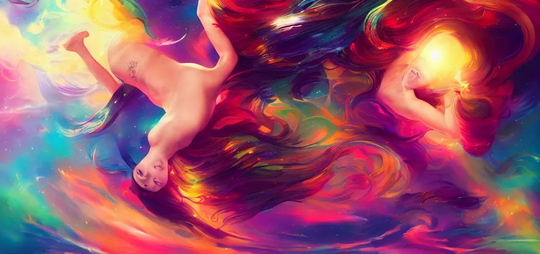 Prompt: beautiful, vibrant woman floating in space with rainbow hair and a relaxed expression, fullbody, by Tristan Eaton Stanley Artgerm and Tom Bagshaw, Makoto Shinkai ilya kuvshinov and Wojtek Fus