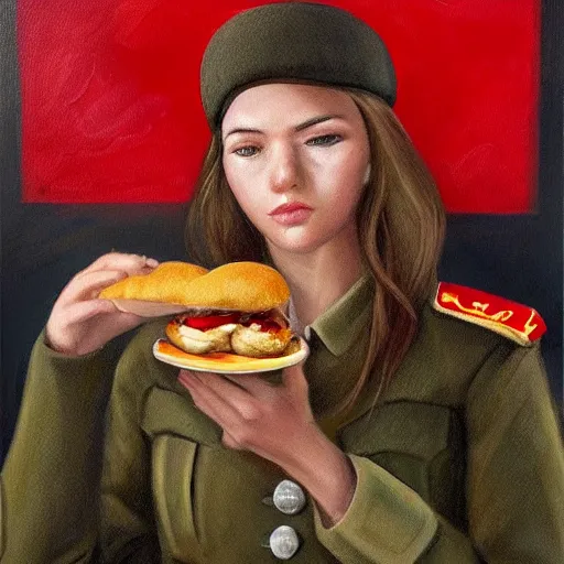 Prompt: high detail portrait oil painting illustration of beuatiful girl as soviet red army soldier eating hot baked bun, in khaki tunic, by justin sweet with face and body clearly visible, in a scenic background, pupils visible, realistic proportions, artstation trending, high quality, sombre mood, artstation trending, muted colours, entire person visible!