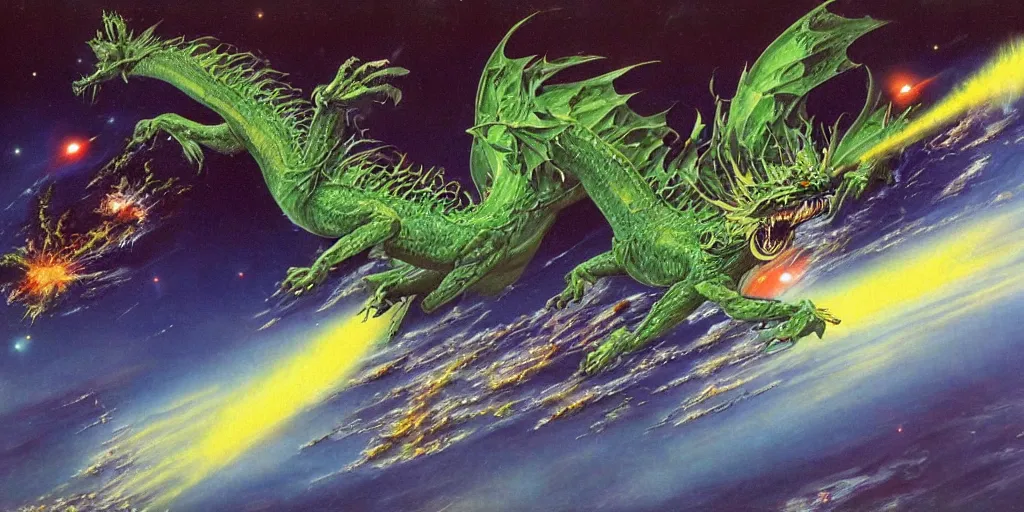 Prompt: a green fire breathing dragon wrapping its magnificent wings around earth in space, john berkey