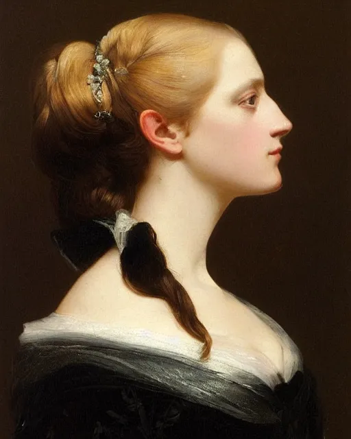Prompt: a side portrait of a beautiful german princess, 1 8 5 3 by franz xaver winterhater, romanticism, neoclassical, side profile, realistic face, elegant face, vivid, smooth, oil on canvas, sharp focus, 1 8 5 0 s, highly detailed