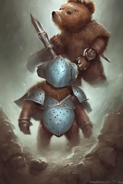 Image similar to cute little anthropomorphic bear knight wearing a cape and a crown, tiny, small, miniature bear, baby animal, short, pale blue armor, cute and adorable, pretty, beautiful, DnD character art portrait, matte fantasy painting, DeviantArt Artstation, by Jason Felix by Steve Argyle by Tyler Jacobson by Peter Mohrbacher, cinematic lighting