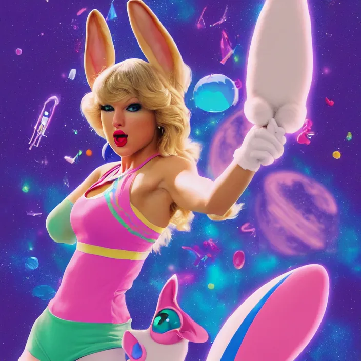 Image similar to portrait of Taylor Swift as Lola Bunny in Space Jam 1996. HD, 4K. bunny ears. intricate abstract. intricate artwork. by Tooth Wu, wlop, beeple, dan mumford. octane render, trending on artstation, greg rutkowski very coherent symmetrical artwork. cinematic, hyper realism, high detail, octane render, 8k, iridescent accents