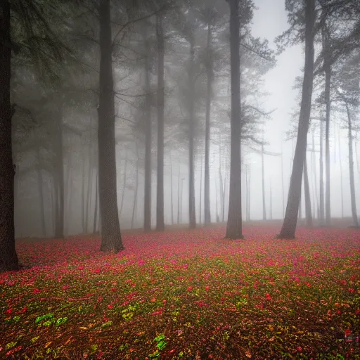 Image similar to a foggy forest clearing at night softly lit by multicolored lights, 8k, photo, rule of thirds,