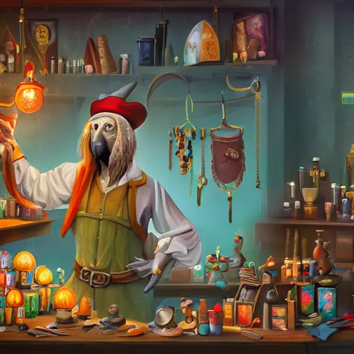 Image similar to Anthropomorphized parrot trader in his shop, shelves full, selling a gem, portrait, items, magic potions, window, warm lamp, fancy hat, sly expression , cunning expression, cute expression, presenting magic gem, D&D, fantasy, cinematic lighting, highly detailed, digital painting, artstation, concept art, smooth, sharp focus, illustration, warm light, cozy warm tint, magic the gathering artwork, volumetric lighting, 8k, no gold, no gold colours, art by Akihiko Yoshida, Greg Rutkowski