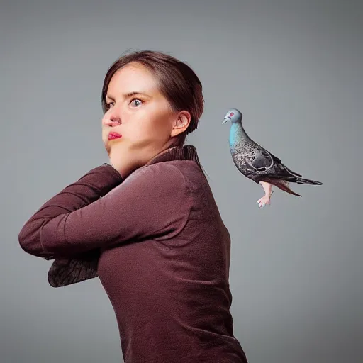 Prompt: portrait of woman who kissing a pigeon, realistic photography