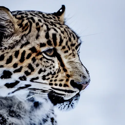 Image similar to Snow, leopard portrait, XF IQ4, 150MP, 50mm, f/1.4, ISO 200, 1/160s, natural light, Adobe Photoshop, Adobe Lightroom, DxO Photolab, Corel PaintShop Pro, rule of thirds, symmetrical balance, depth layering, polarizing filter, Sense of Depth, AI enhanced