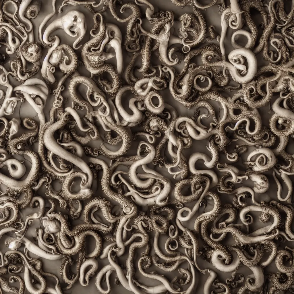 Image similar to a wideshreen photo of a huge cabinet full of octopuses cinematic lighting, silverplate, hyper realistic, very detailed, Octane render 8k